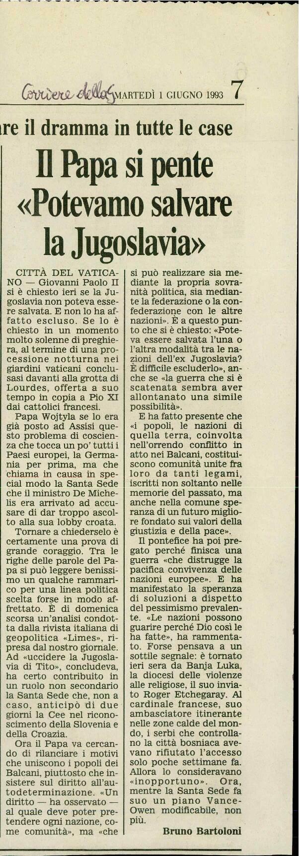 Il Papa si pente «Potevamo salvare la Jugoslavia»
