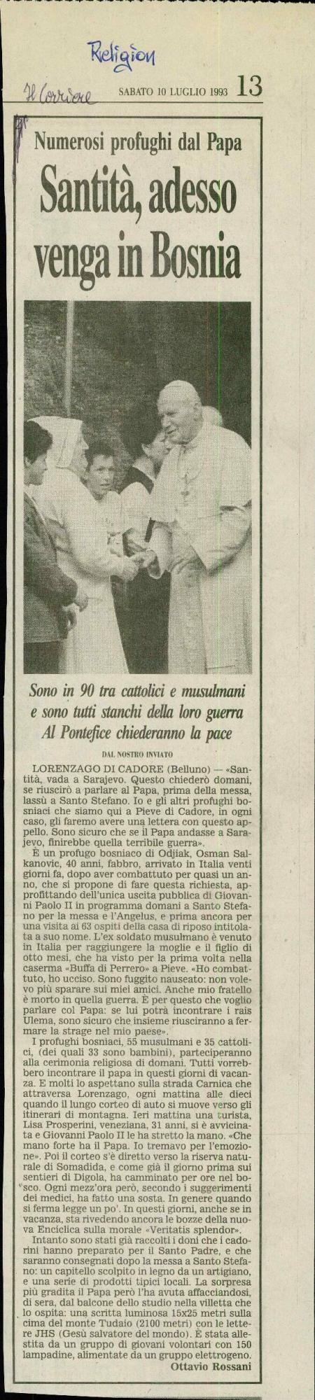 Santità, adesso venga in Bosnia