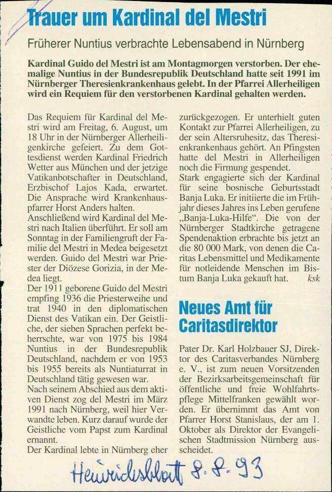 Trauer um Kardinal del Mestri