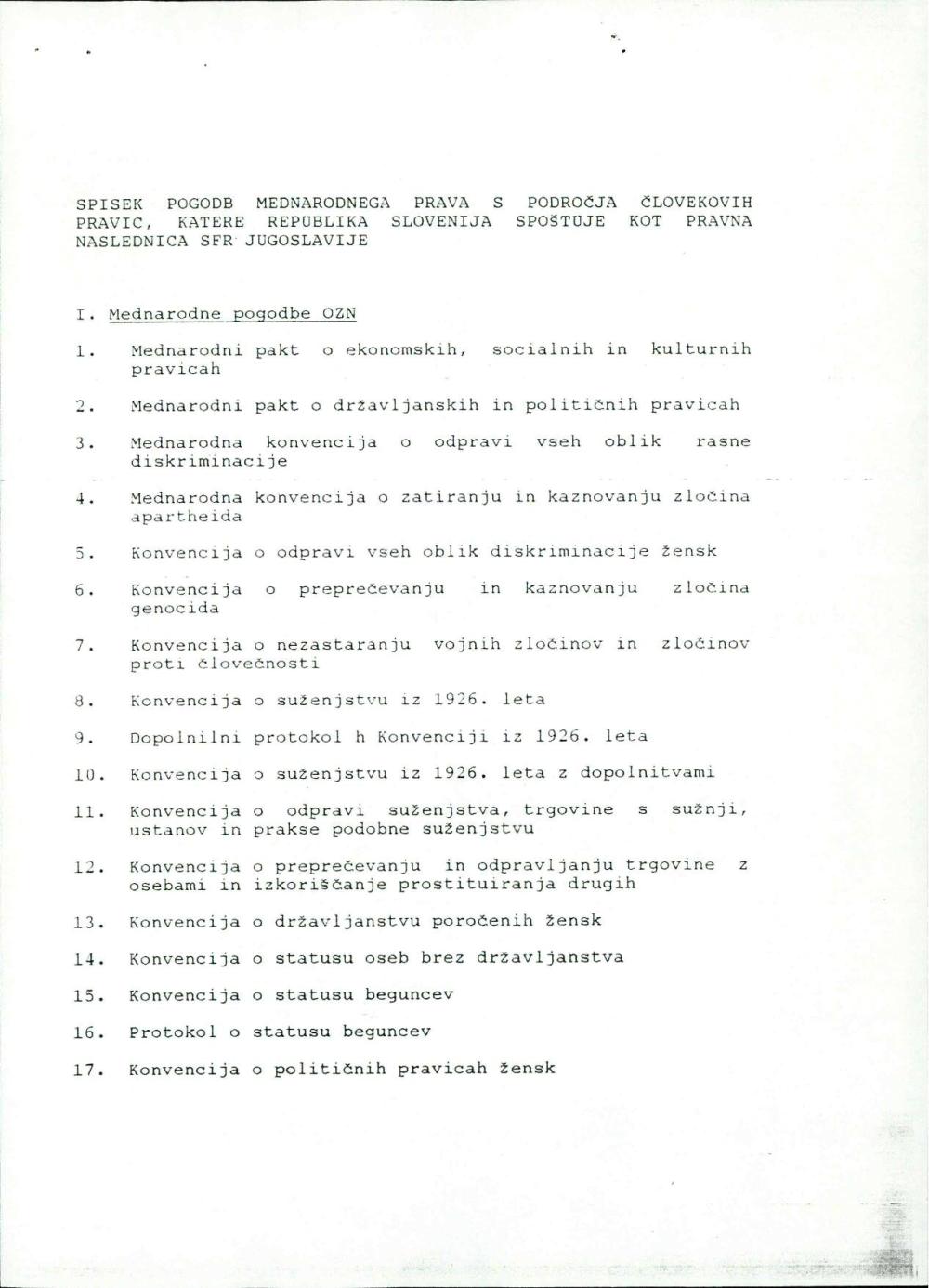 Spisek pogodb mednarodnega prava s področja človekovih pravic, katere Republika Slovenija spoštuje kot pravna naslednica SFR Jugoslavije