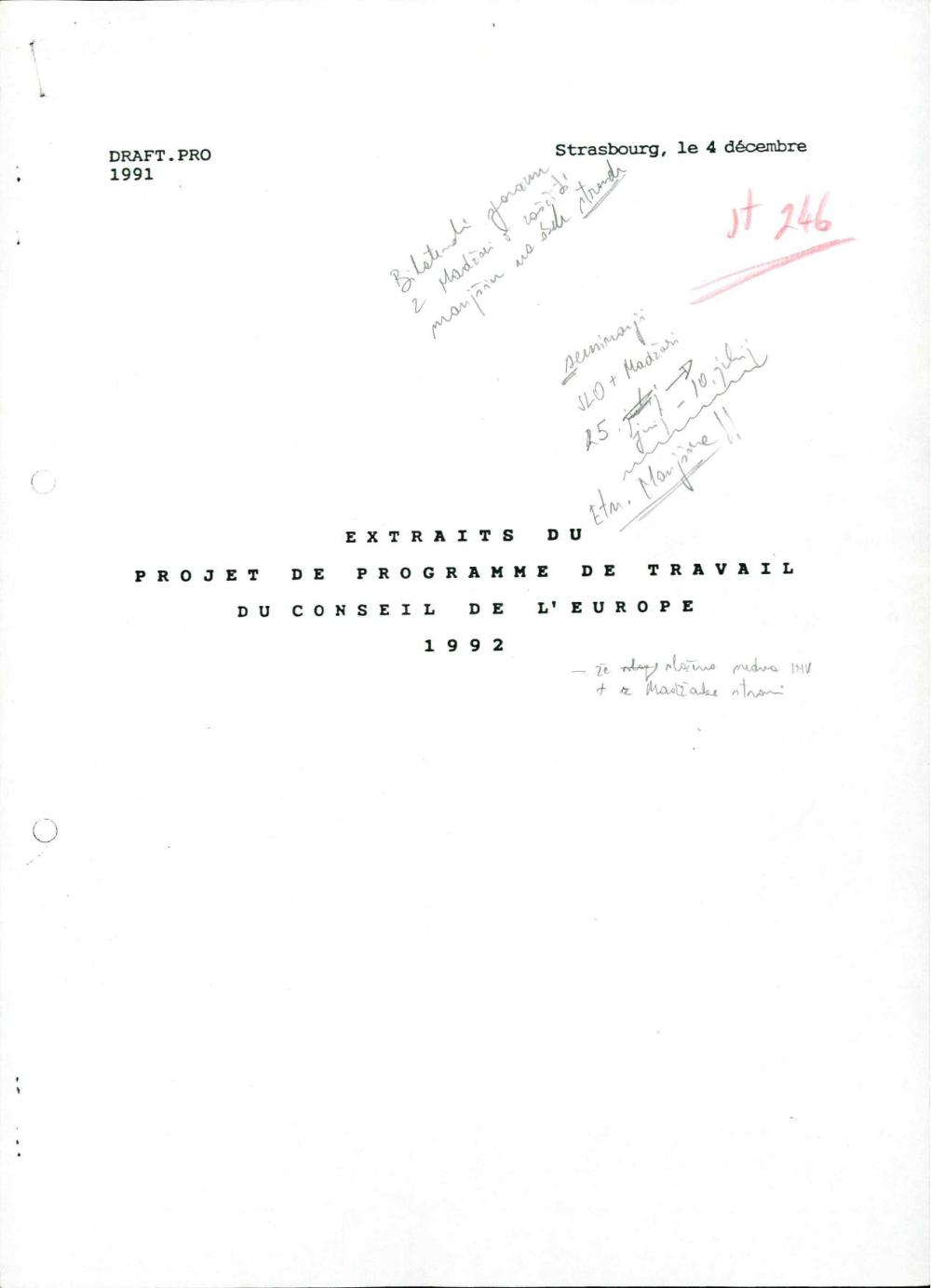 Extraits du projet de programme de travail du Conseil de l'Europe 1992
