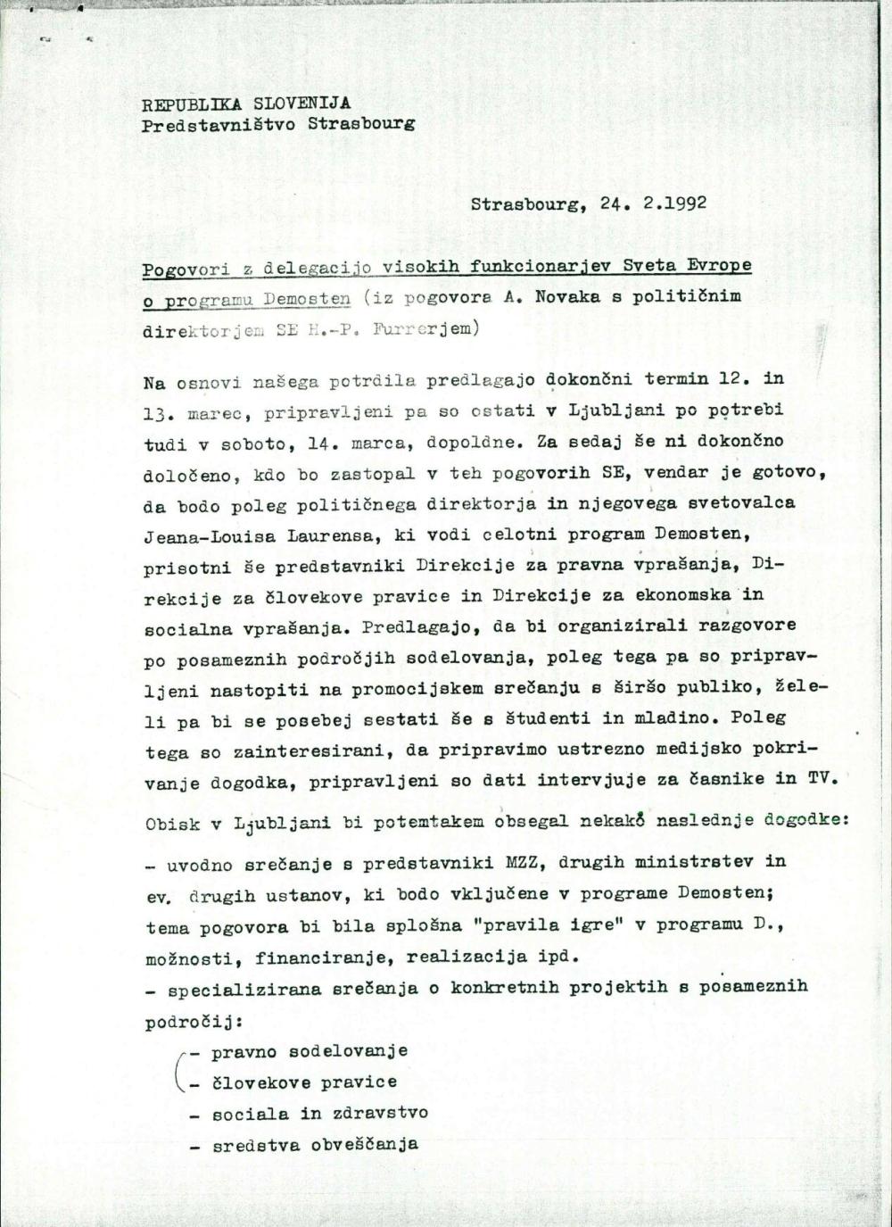 Pogovori z delegacijo visokih funkcionarjev Sveta Evrope o programu Demosten