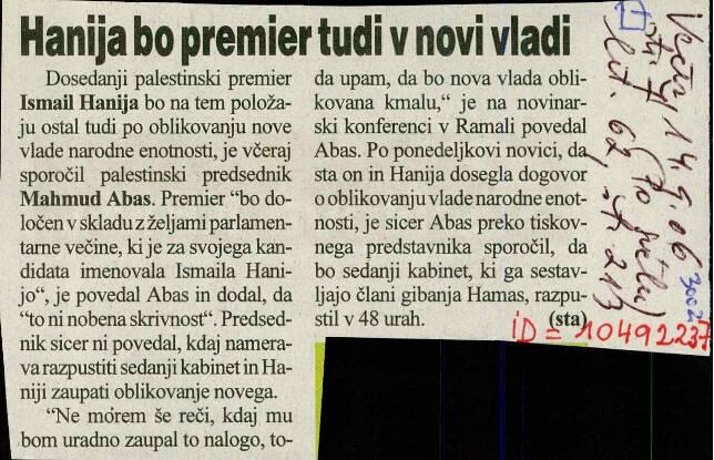 Hanija bo premier tudi v novi vladi - nosilna