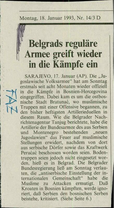 Belgrads reguläre Armee greift wieder in die Kämpfe ein