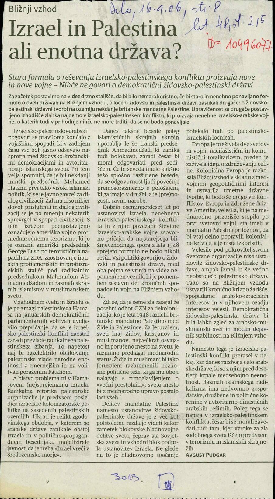 Izrael in Palestina ali enotna država