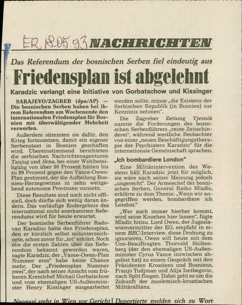 Friedensplan ist abgelehnt