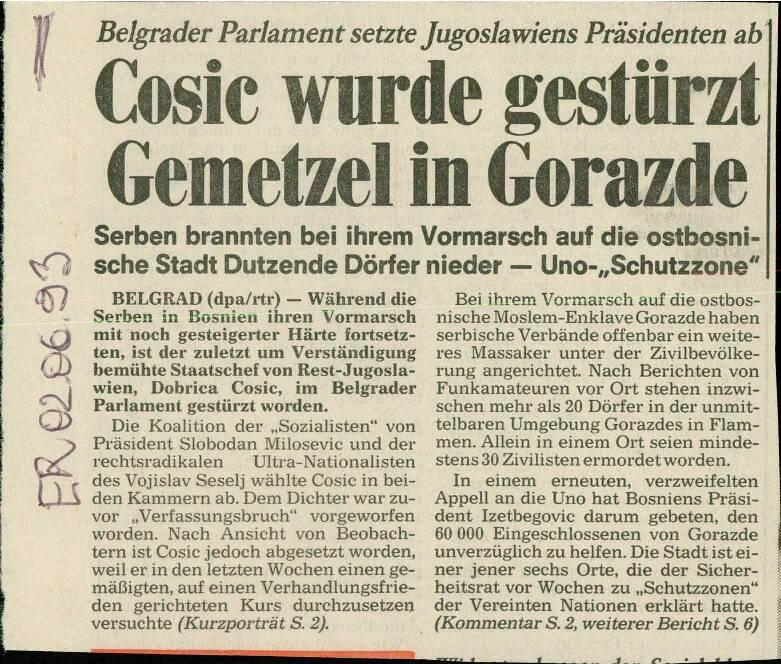 Cosic wurde gestürzt, Gemetzel in Gorazde