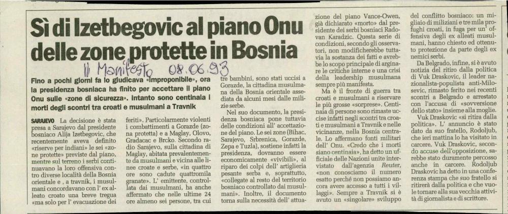 Sì di Izetbegovic al piano Onu delle zone protette in Bosnia