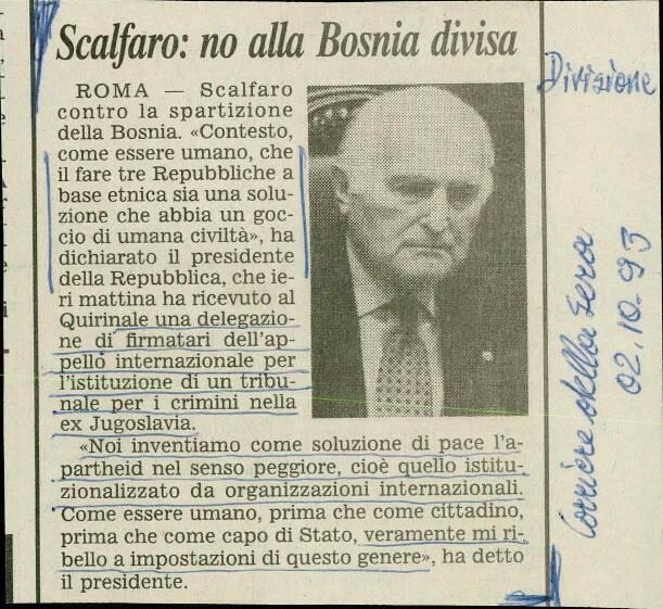 Scalfaro: no alla Bosnia divisa