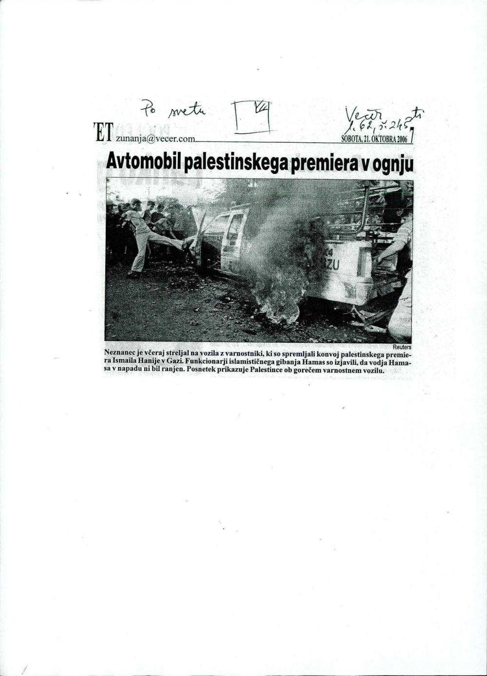 Avtomobil palestinskega premiera v ognju