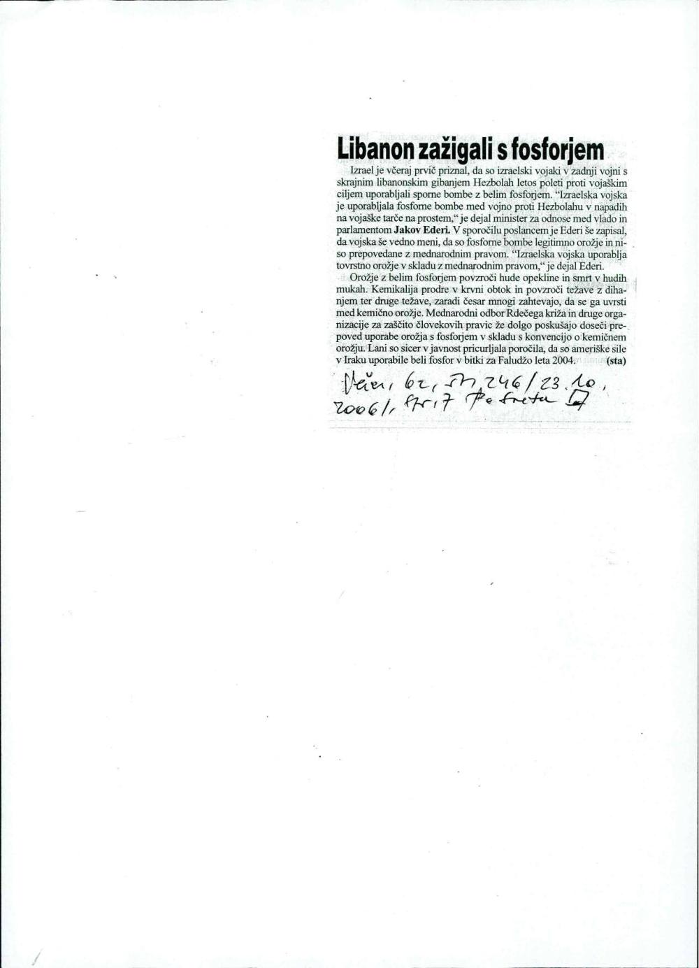 Libanon zažigali s fosforjem