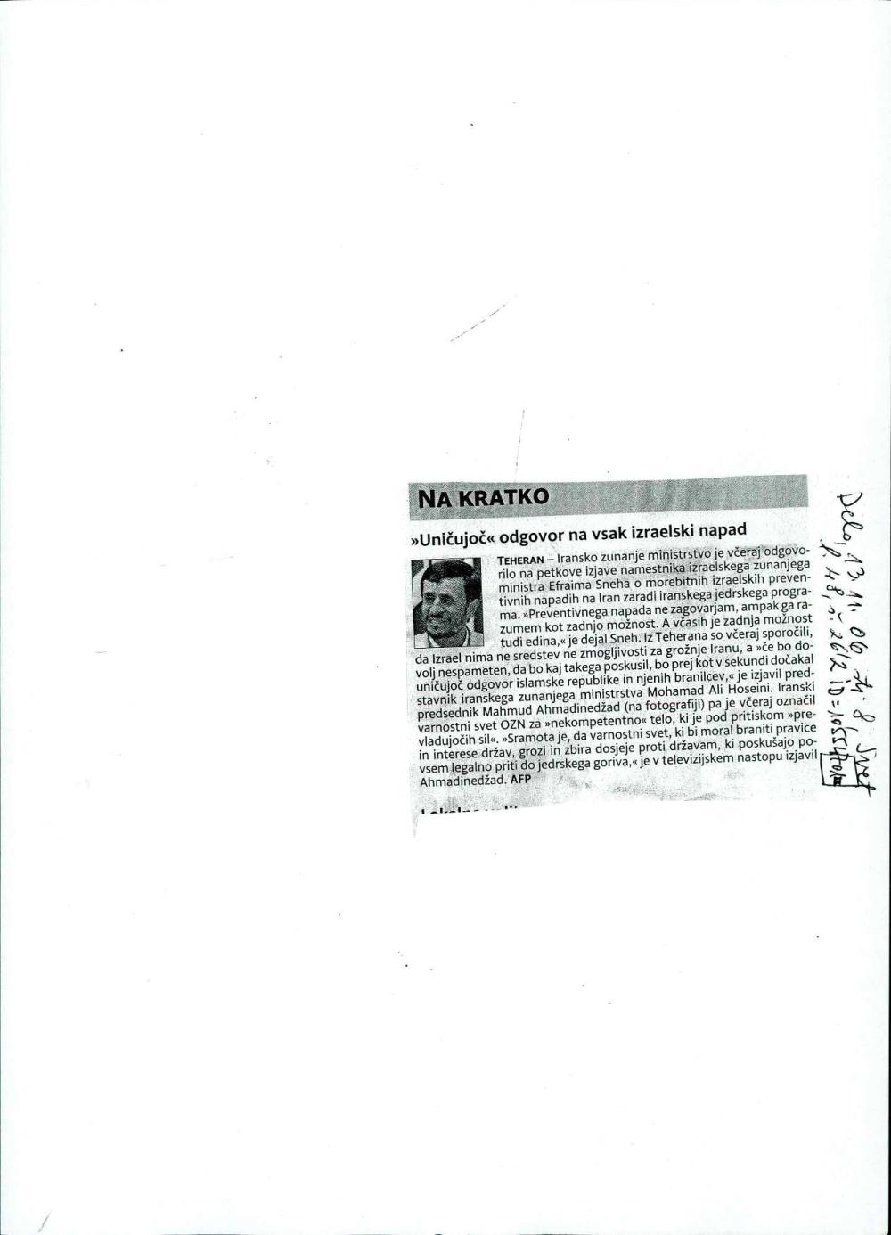 "Uničujoč" odgovor na vsak izraelski napad