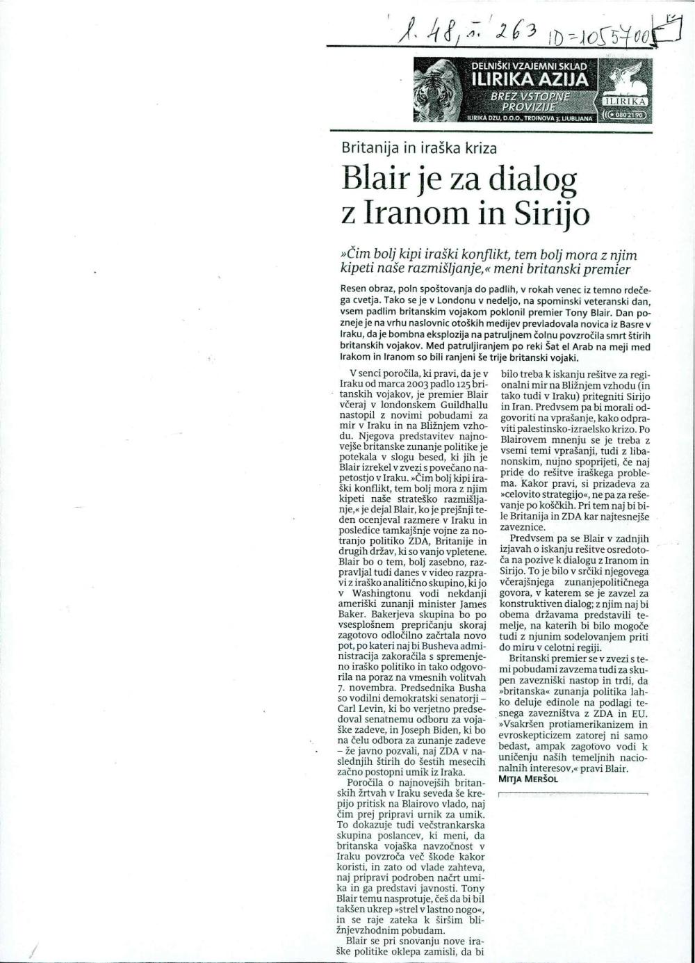 Blair je za dialog z Iranom in Sirijo - nosilna