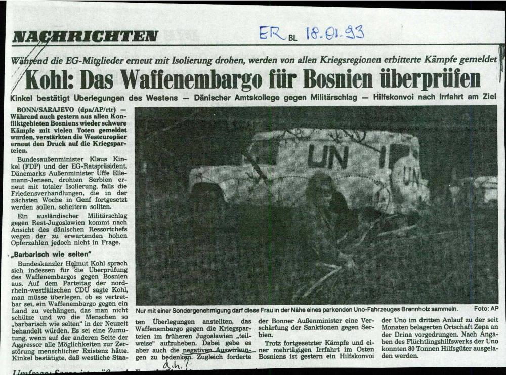 Kohl: Das Waffenembargo für Bosnien überprüfen