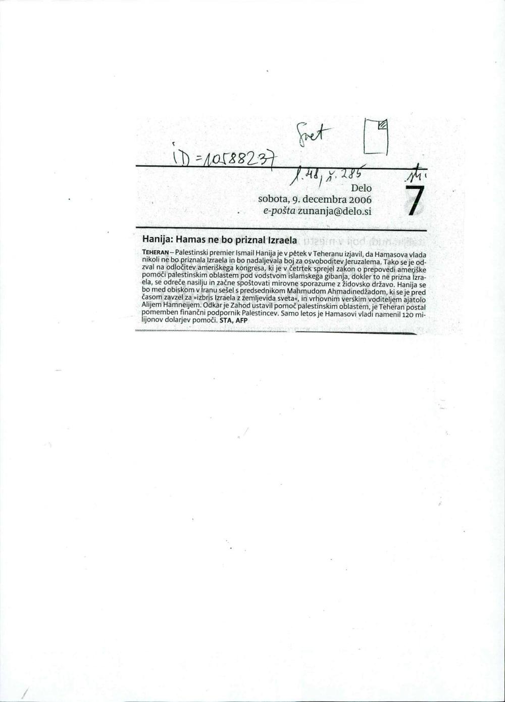 Hanija: Hamas ne bo priznal Izraela