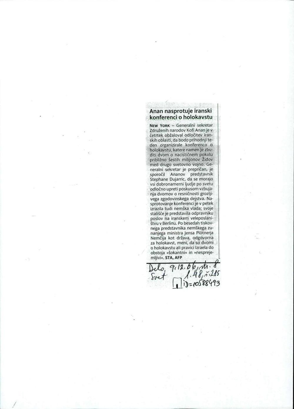 Anan nasprotuje iranski konferenci o holokavstvu