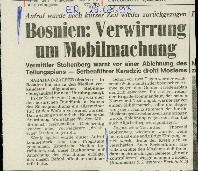 Bosnien: Verwirrung um Mobilmachung
