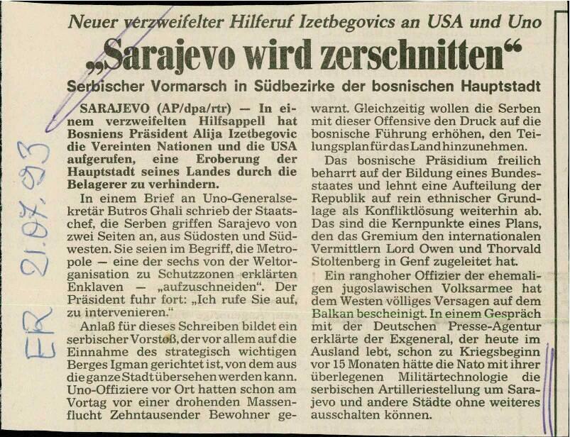"Sarajevo wird zerschnitten"