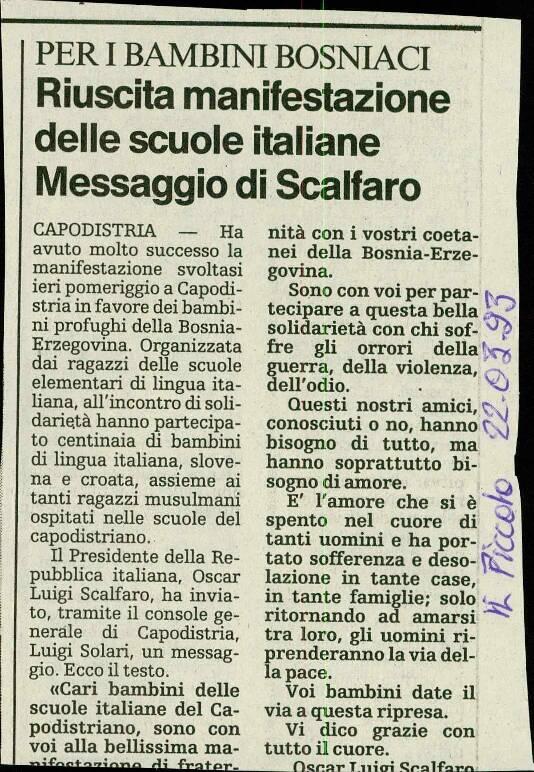 Riuscita manifestazione delle scuole italiane, Messaggio di Scalfaro