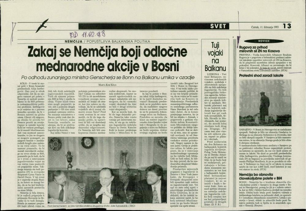 Zakaj se Nemčija boji odločne mednarodne akcije v Bosni