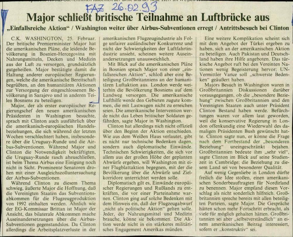 Major schließt britische Teilnahme an Luftbrücke aus