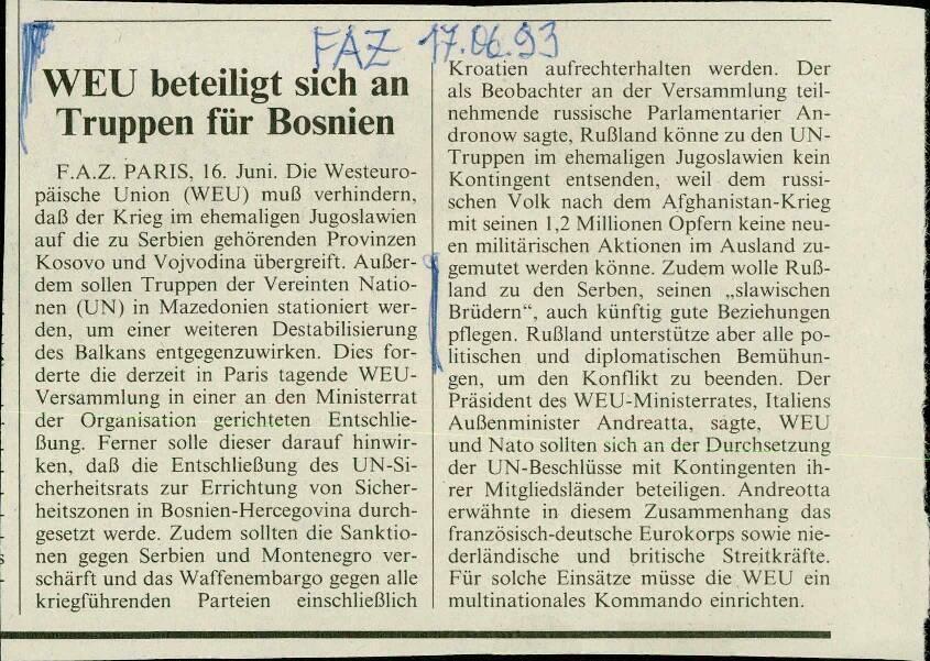 WEU beteiligt sich an Truppen für Bosnien