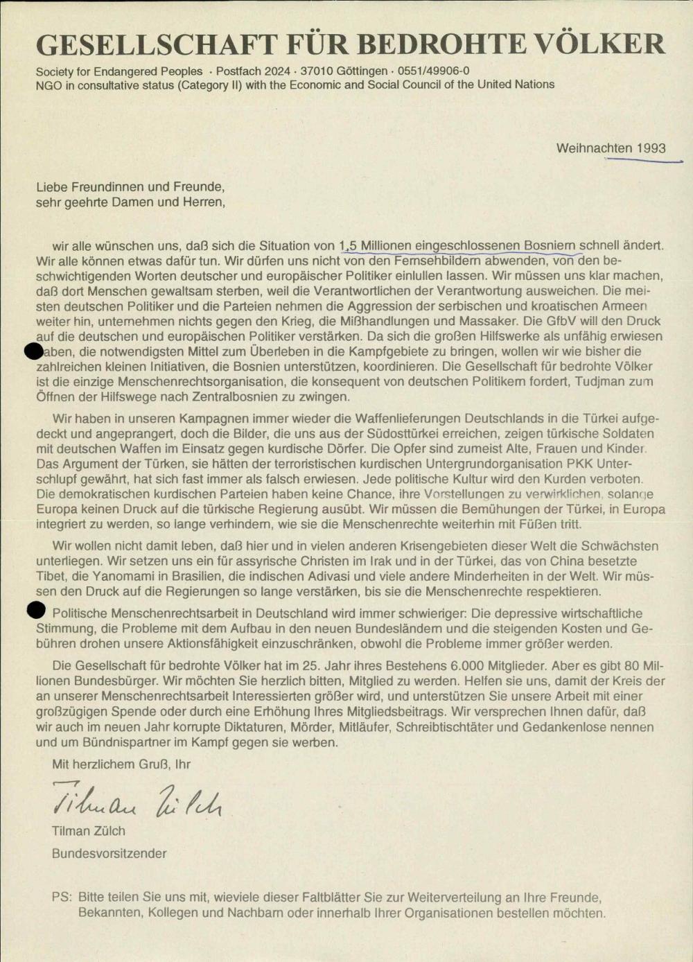 Dopis o delovanju društva Gesellschaft für bedrohte Völker v Bosni in Hercegovini