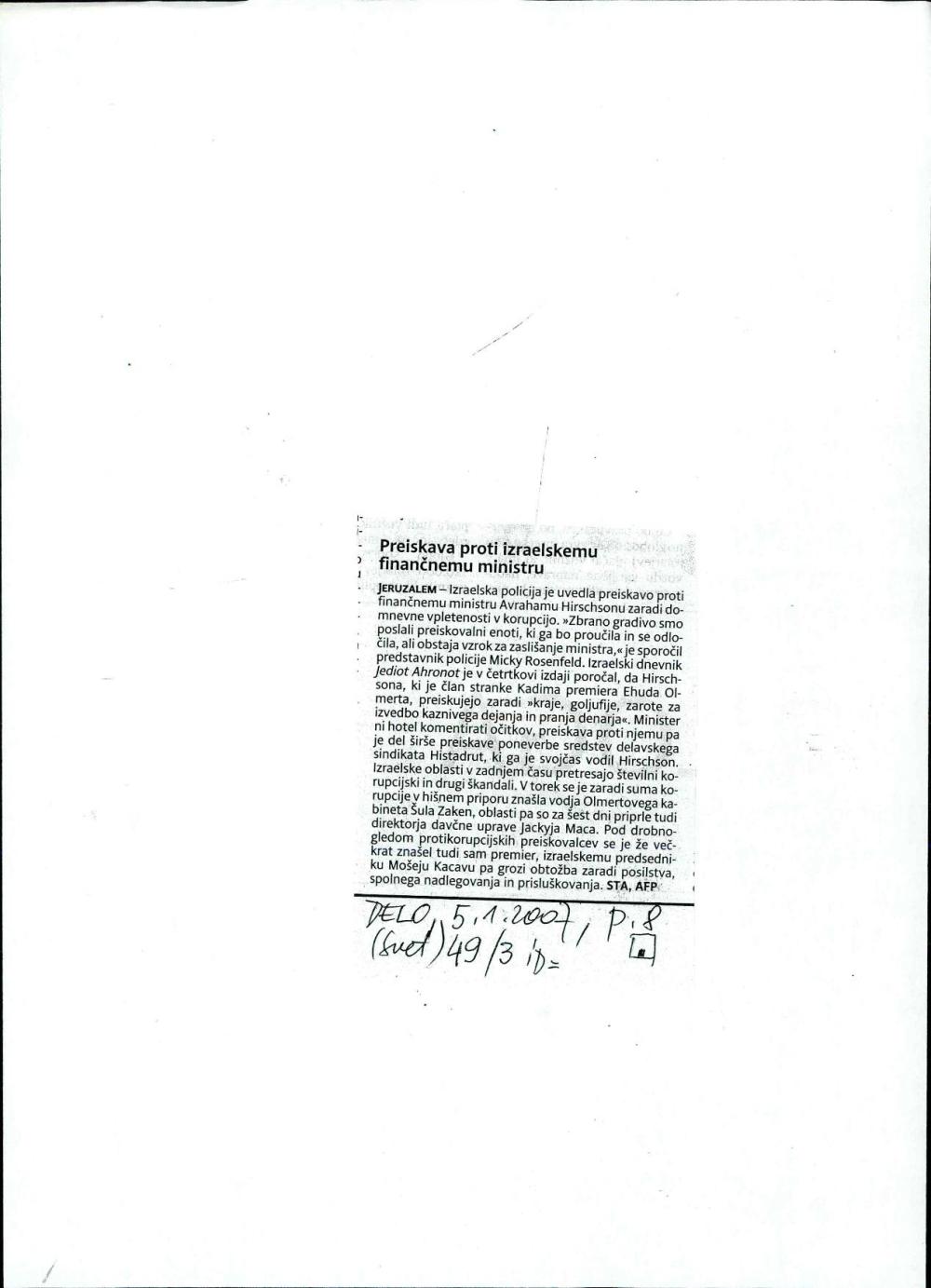 Preiskava proti izraelskemu finančnemu ministru