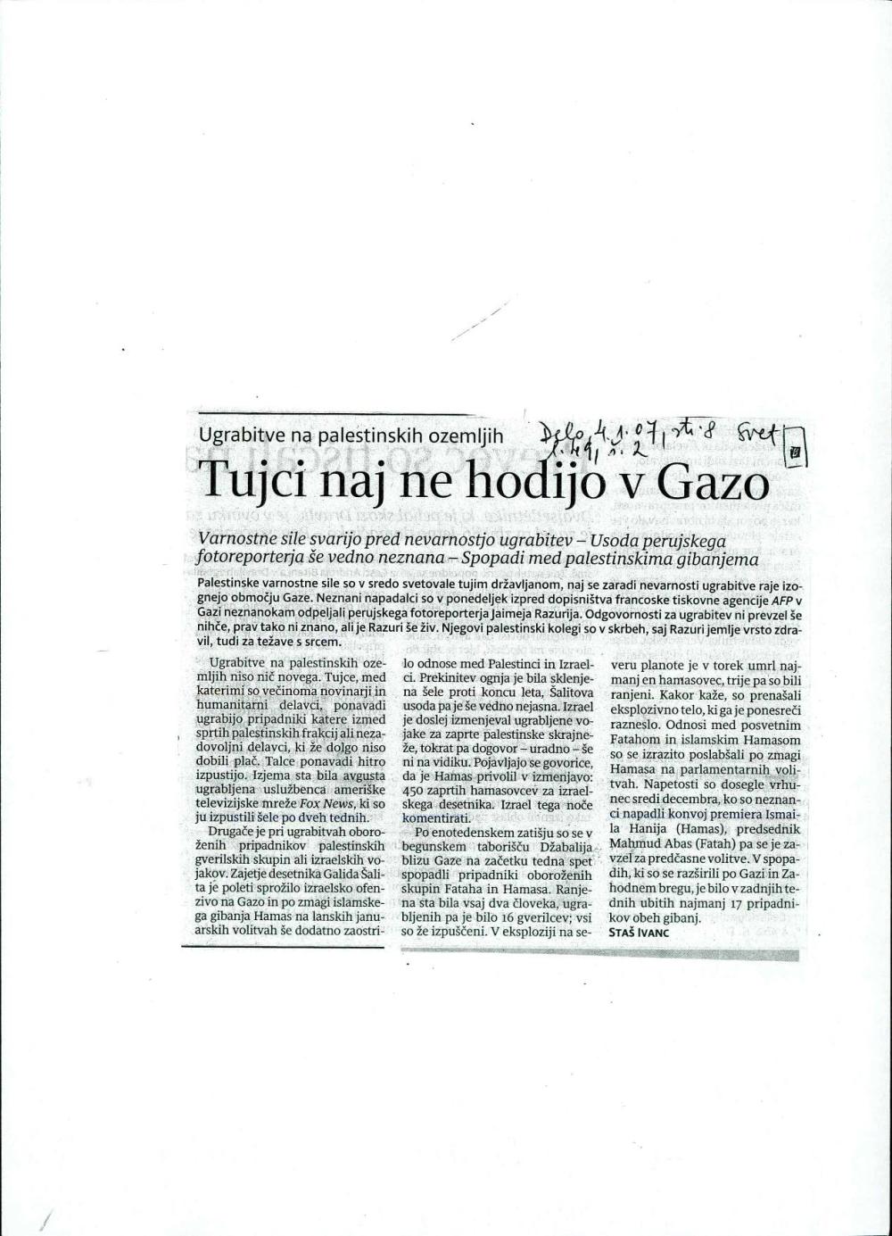 Tujci naj ne hodijo v Gazo