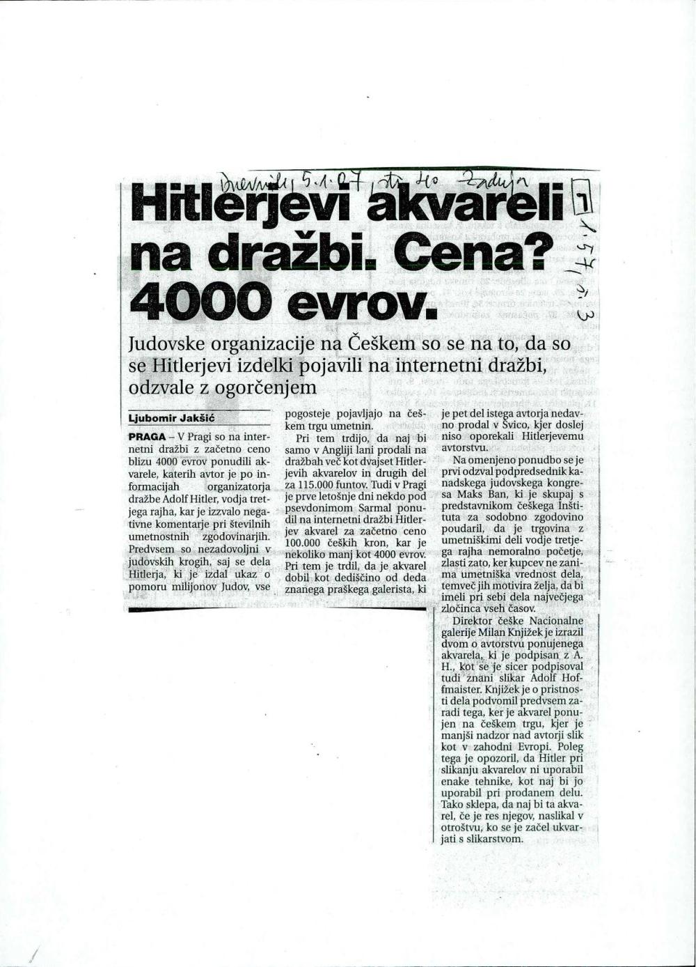 Hitlerjevi akvareli na dražbi. Cena ? 400 evrov.