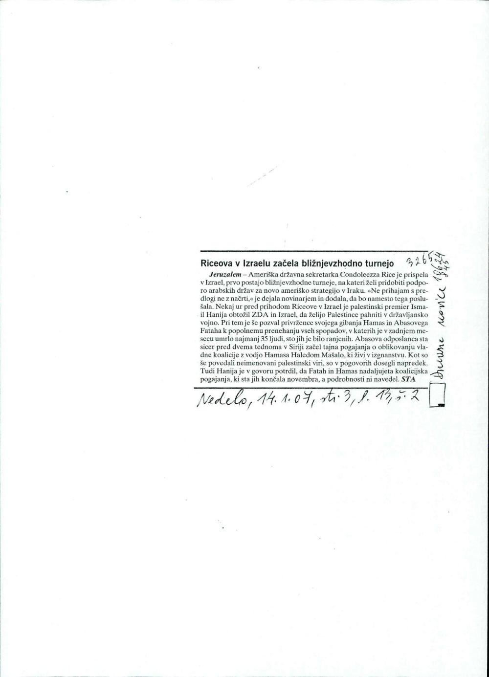 RIceova v Izraelu začela bližnjevzhodno turnejo