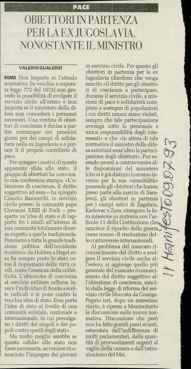 Obiettori in partenza per la ex Jugoslavia, nonostante il ministro