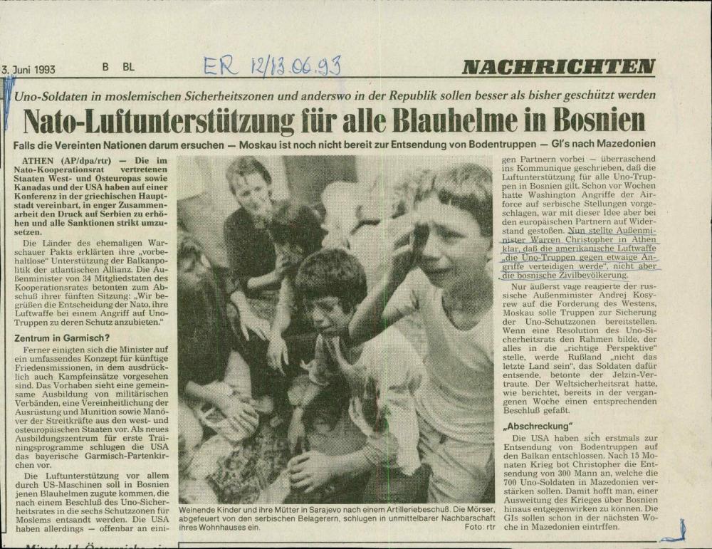 Nato-Luftunterstützung für alle Blauhelme in Bosnien