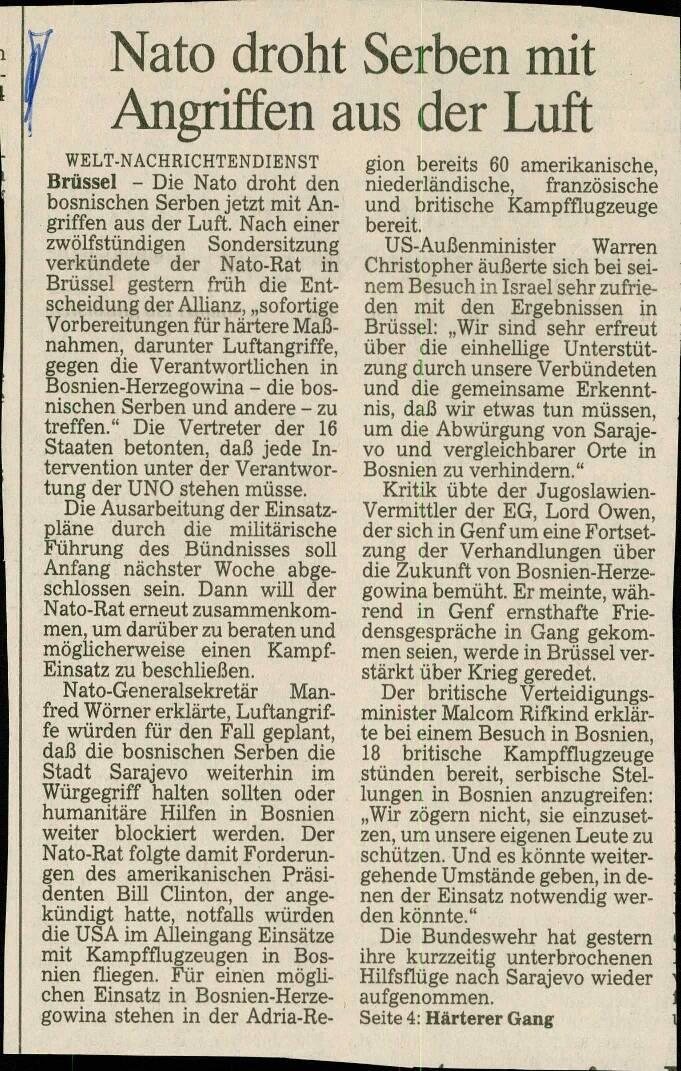 Nato droht Serben mit Angriffen aus der Luft