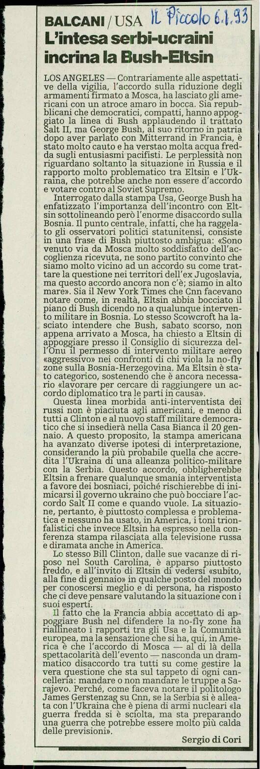 L'intesa serbi-ucraini incrina la Bush-Eltsin