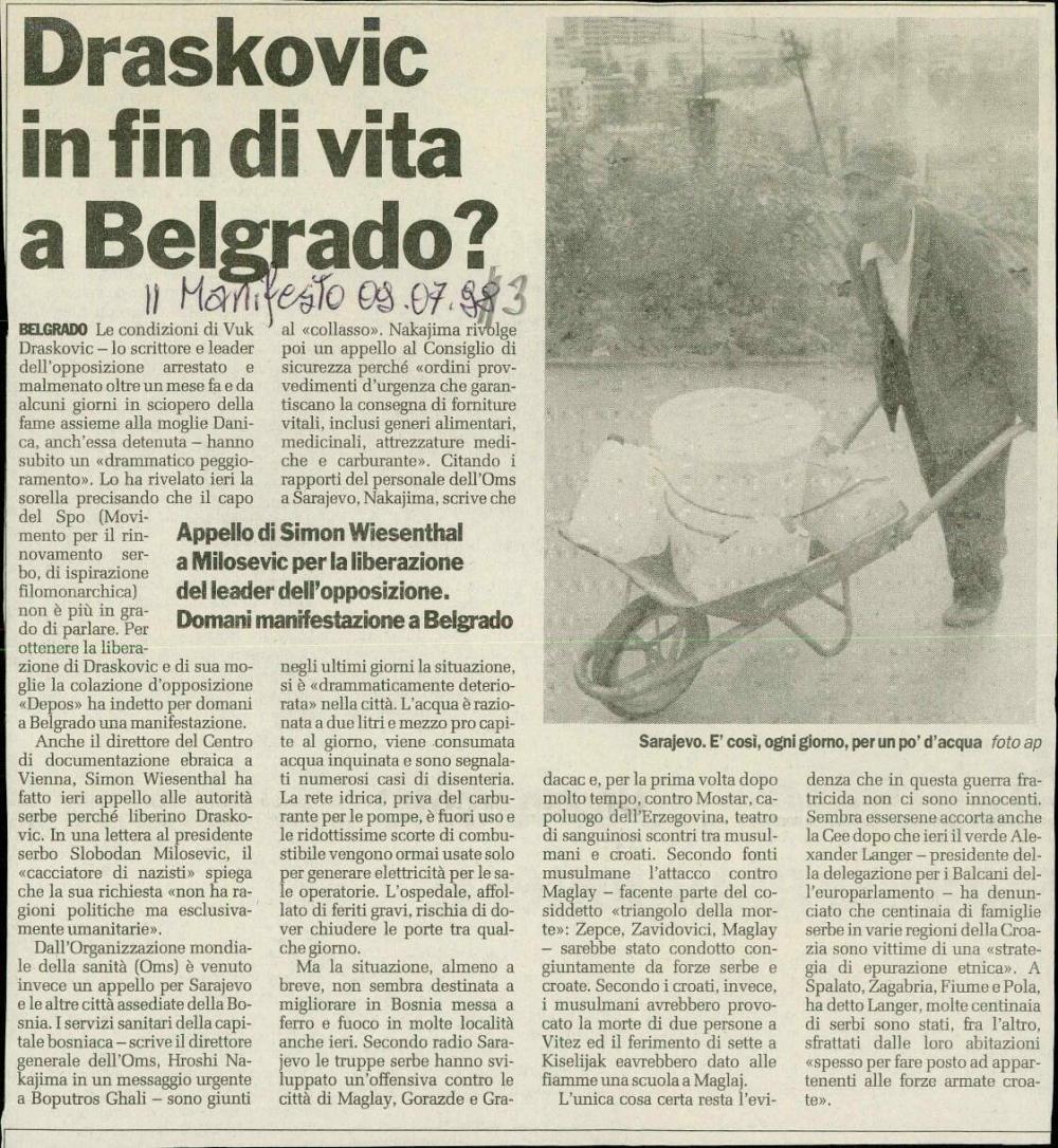 Draskovic in fin di vita a Belgrado?