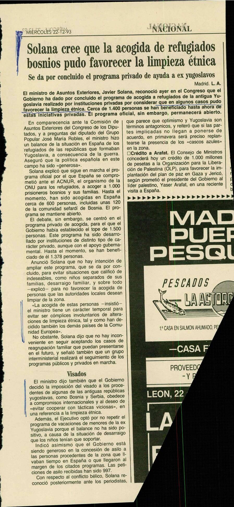 Solana cree que la acogida de refugiados bosnios pudo favorecer la limpieza étnica
