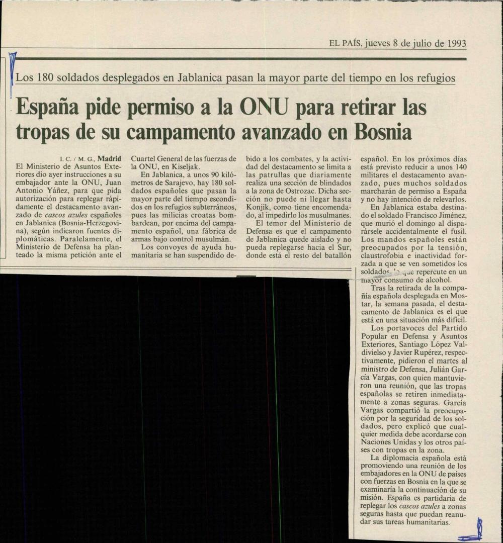 España pide permiso a la ONU para retirar las tropas de su campamento avanzado en Bosnia