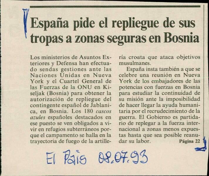 España pide el repliegue de sus tropas a zonas seguras en Bosnia