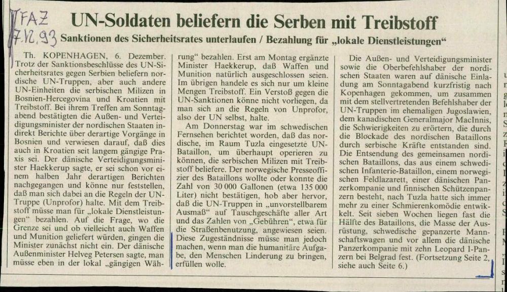 UN-Soldaten beliefern die Serben mit Treibstoff