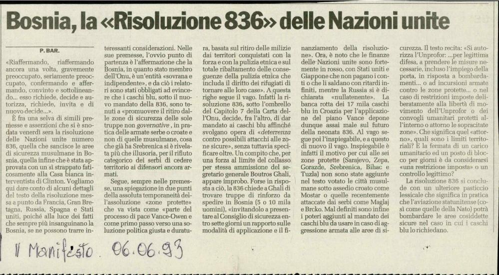 Bosnia, la «Risoluzione 836» delle Nazioni unite