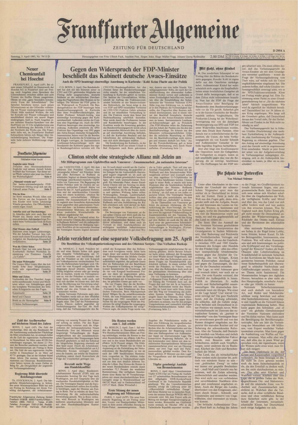 Več krajših člankov na temo vojne v Bosni in Hercegovini iz časopisa Frankfurter Allgemeine, Nr. 79/13