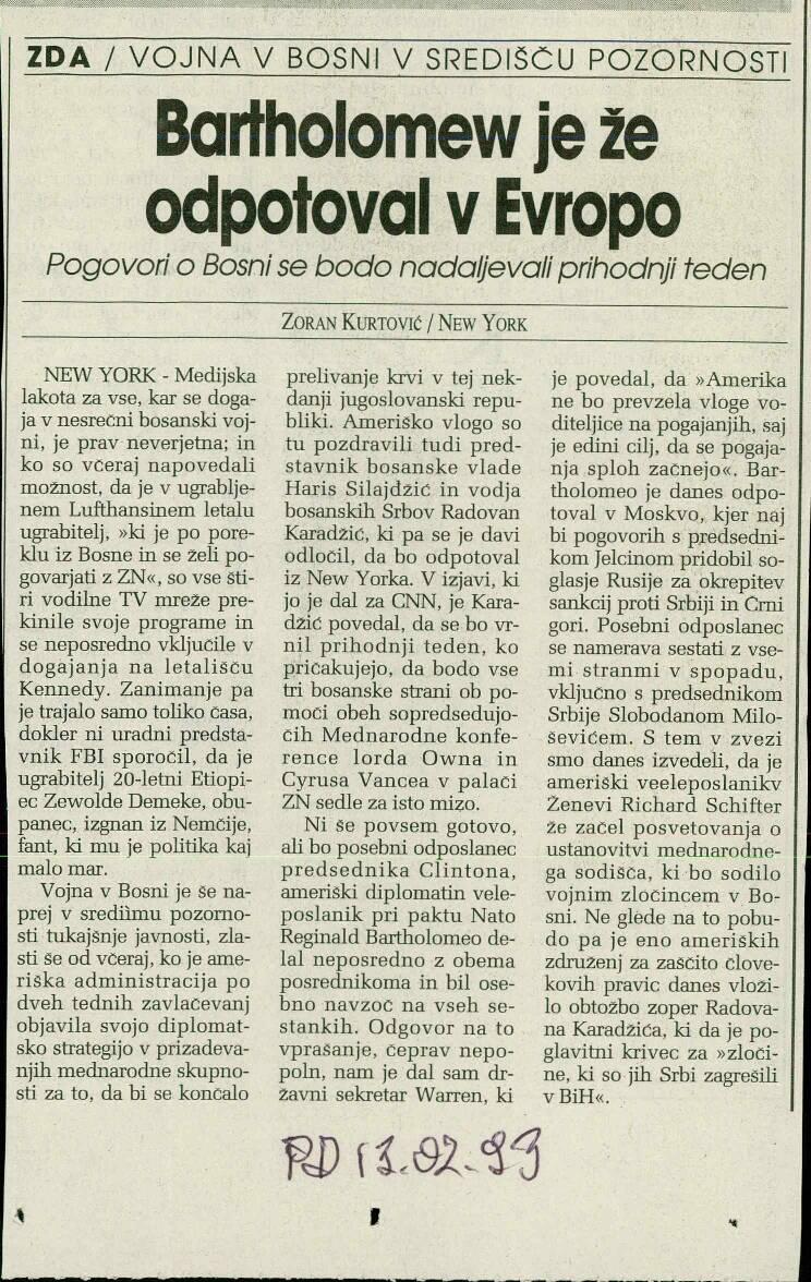 Bartholomew je že odpotoval v Evropo