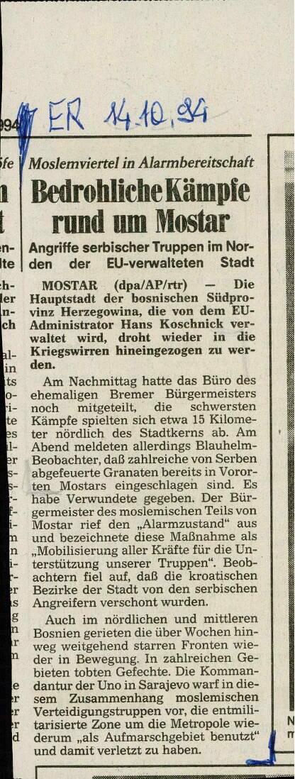 Bedrohliche Kämpfe rund um Mostar