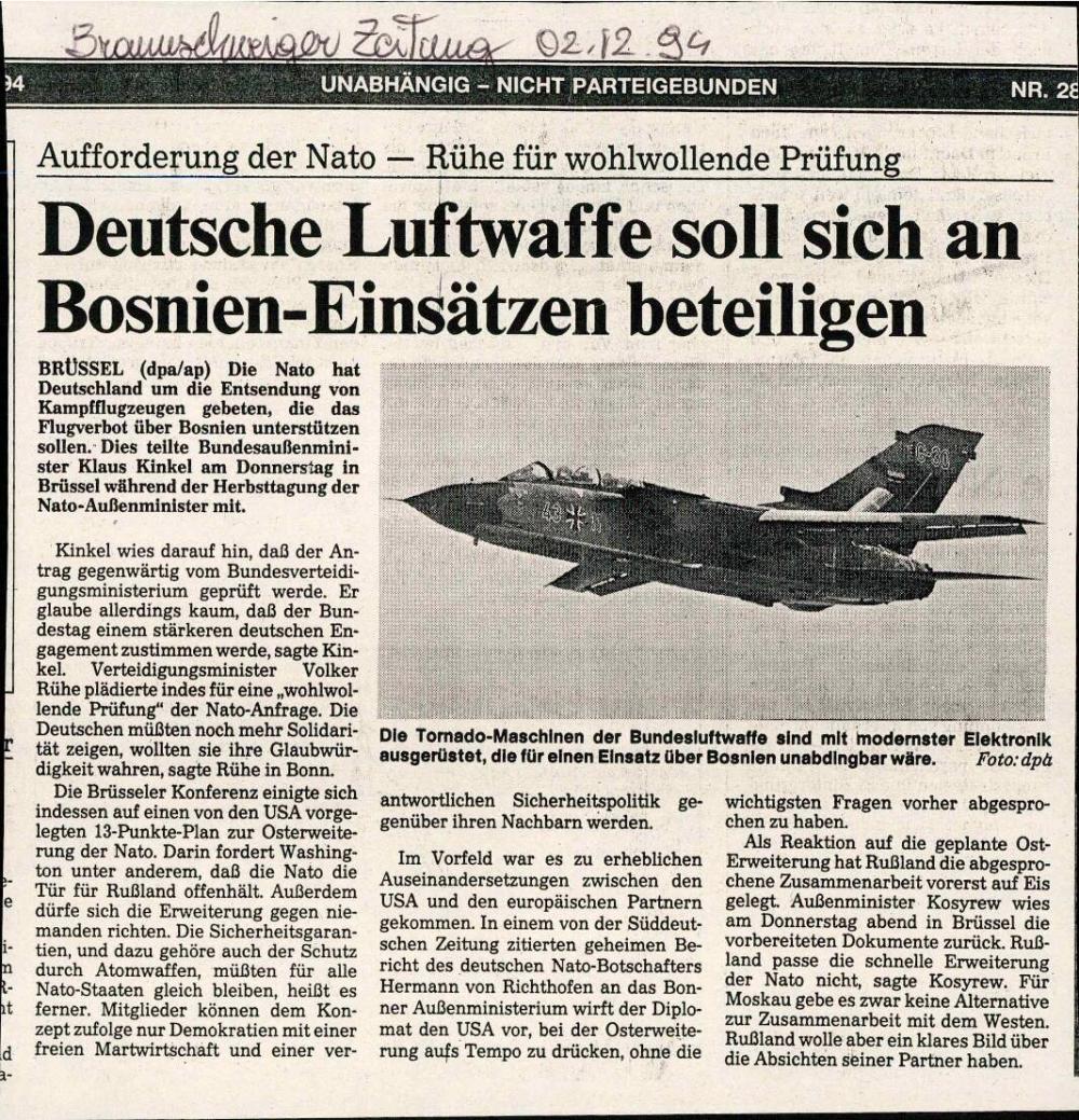 Deutsche Luftwaffe soll sich an Bosnien-Einsätzen beteiligen