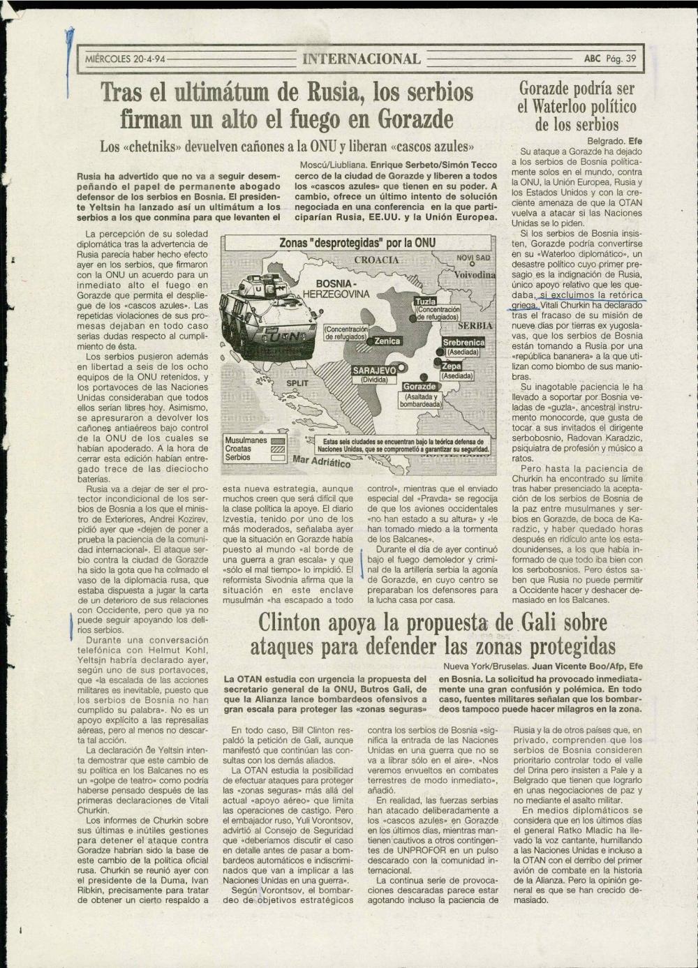 Tras el ultimátum de Rusia, los serbios firman un alto el fuego en Gorazde