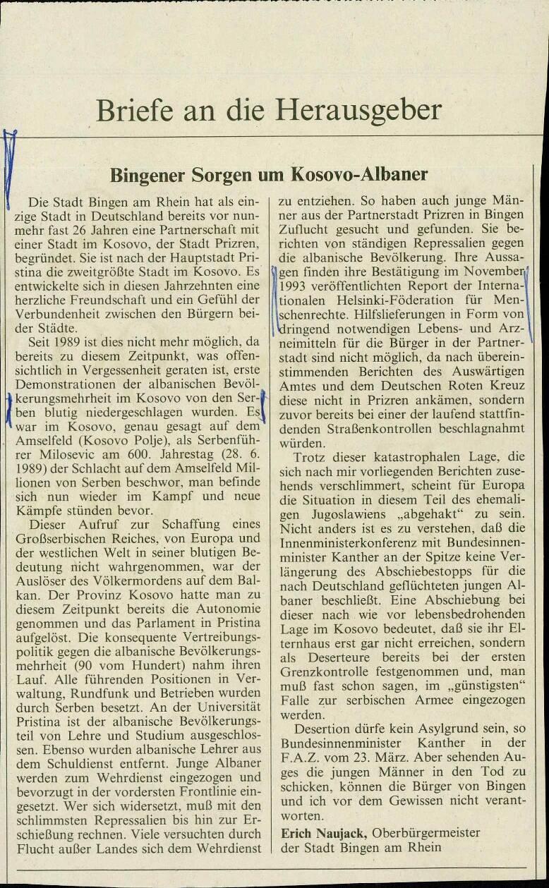 Bingener Sorgen um Kosovo-Albaner