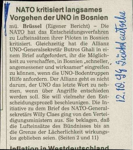 NATO kritisiert langsames Vorgehen der UNO in Bosnien