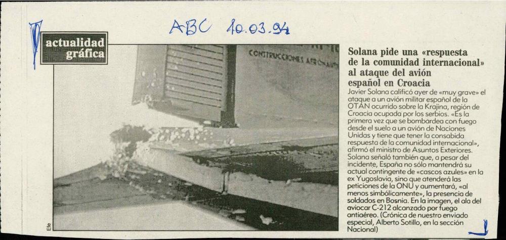 Solana pide una «respuesta de la comunidad internacional» al ataque del avión español en Croacia