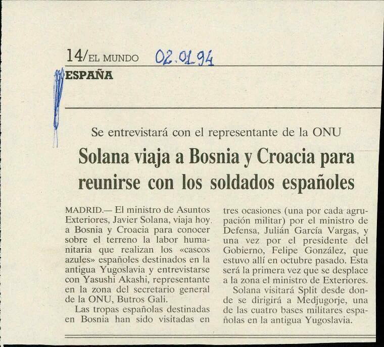Solana viaja a Bosnia y Croacia para reunirse con los soldados españoles